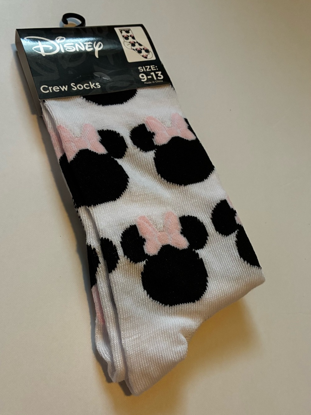 Disney White Crew Socks with Black Minnie Silhouettes and Pink Bows